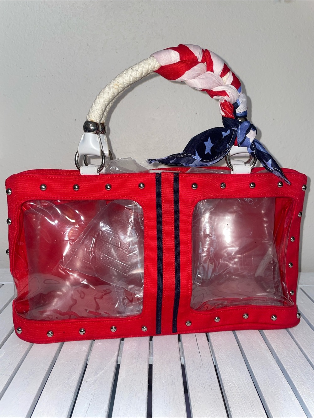 Red White &Blue Nautical Patriotic Vintage Retro Clear Studded Rope Handle Bag